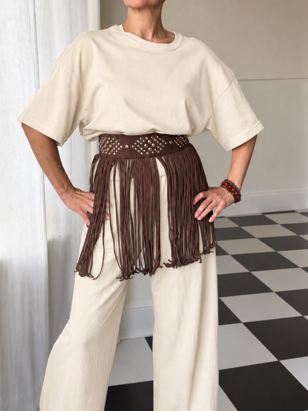 House of Harlow 1960 Brown Fringe Studded Western Tie Belt NWT